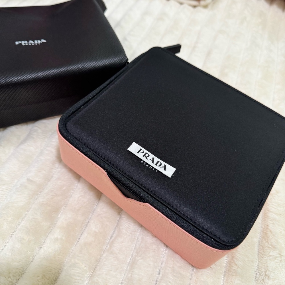 PRADA Beauty Pouch Jewelry Makeup Cosmetic Case in Pink and Black w/ Dust Bag.